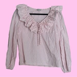 CeCe Pink Gingham Checkered Ruffle Blouse
